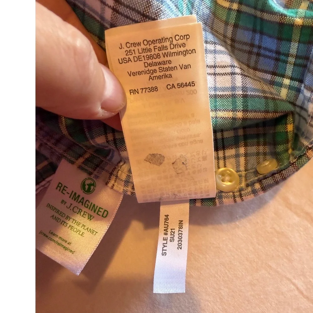 J. Crew Broken-In Oxford Slim Fit Plaid Shirt Mens XL Blue Green Organic Cotton
